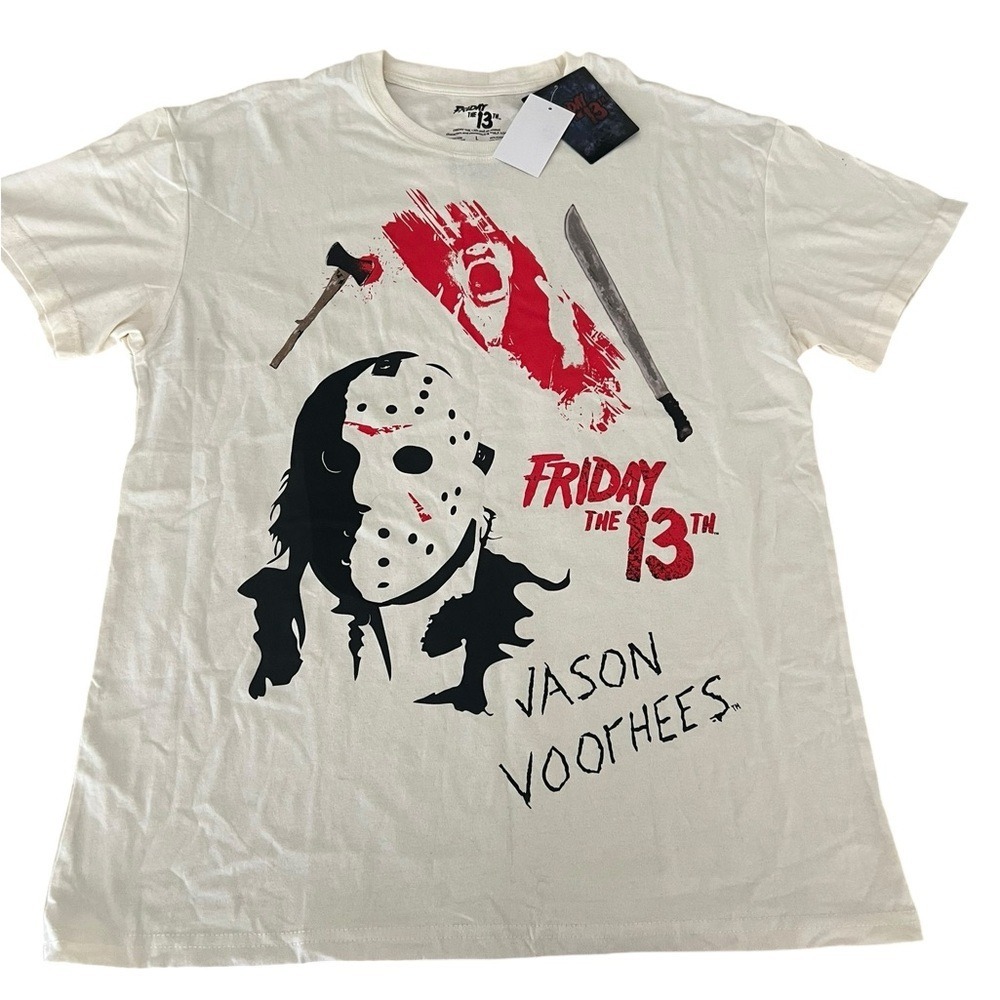 New Friday The 13th Jason Mask Mens White Vintage Throwback T-Shirt Large